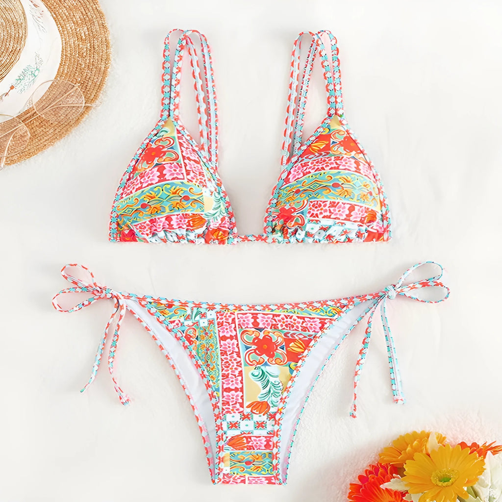 Women's lace-up split swimsuit with backless design in polyester spandex fabric for swimming