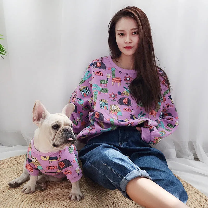 Cotton casual bipod clothing for cats and dogs in black, purple, and yellow, sizes S to 4XL matching parent-child outfits