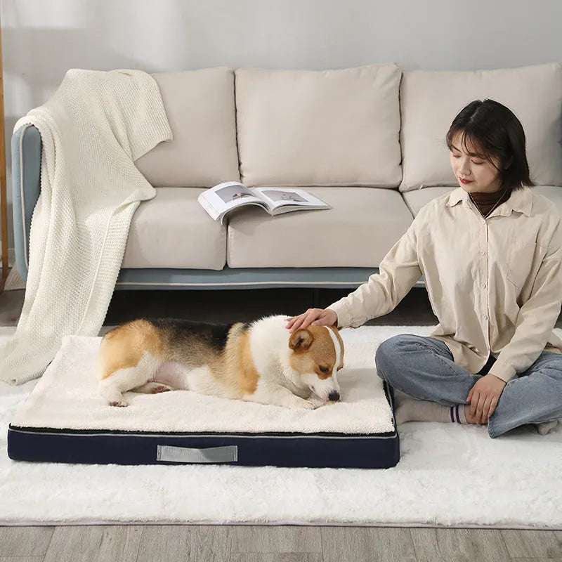 Brown removable washable dog pet mat with memory sponge cushion on wooden floor