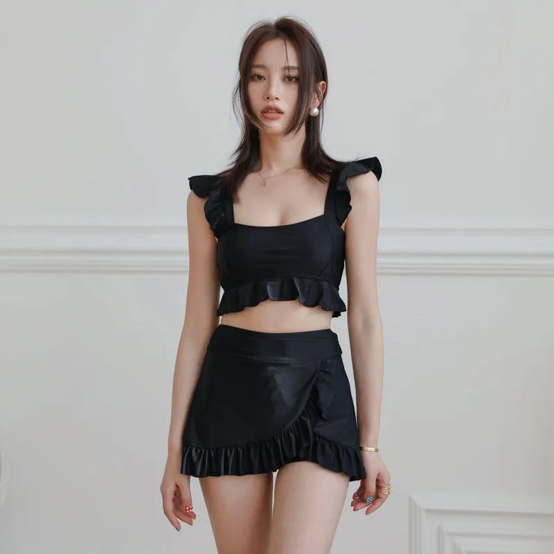 Black nylon split swimsuit for women, briefs style, sizes M L XL