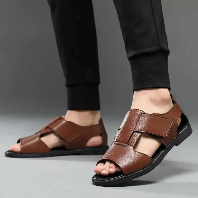Men's black and brown casual sandals with open toe design and rubber soles