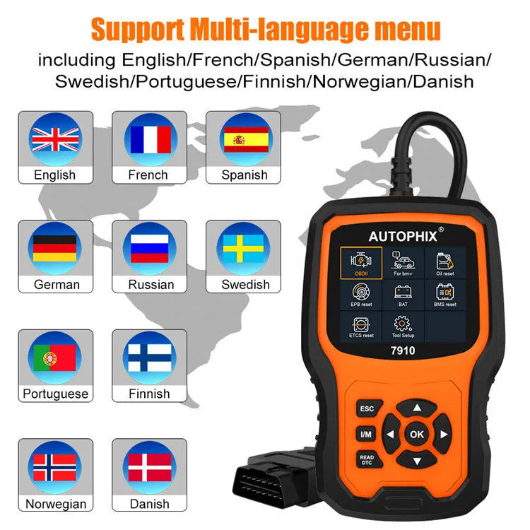 Autophix 7910 BMW diagnostic scanner OBD2 tool with display screen showing fault codes