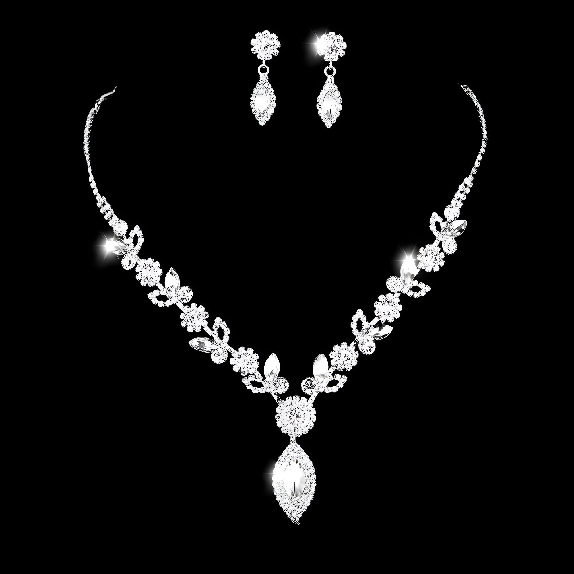 Bridal white crystal floral jewelry set on copper with electroplated finish