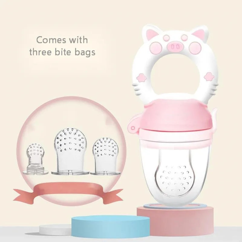 Silicone baby teether with textured chewing surfaces in blue, green and pink colour options