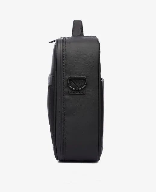 Black Oxford fabric men's messenger shoulder bag showing front and side profile.