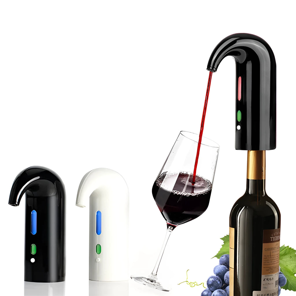Portable electric wine decanter in black with red light, ABS and silicone body, on a table next to a wine glass