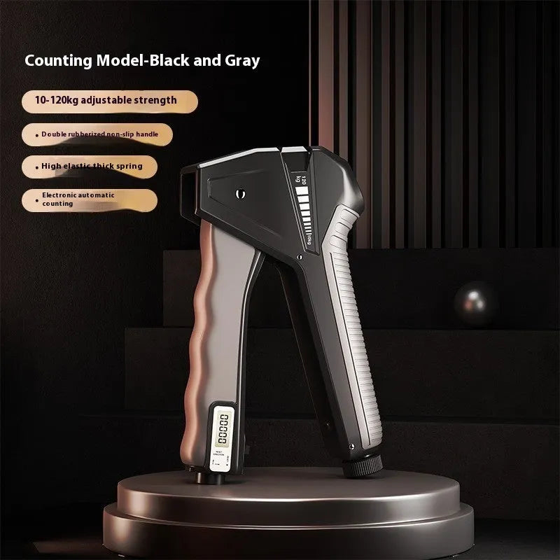 Adjustable hand grip strengthener with mechanical counter shown in orange, set to a mid-level resistance.