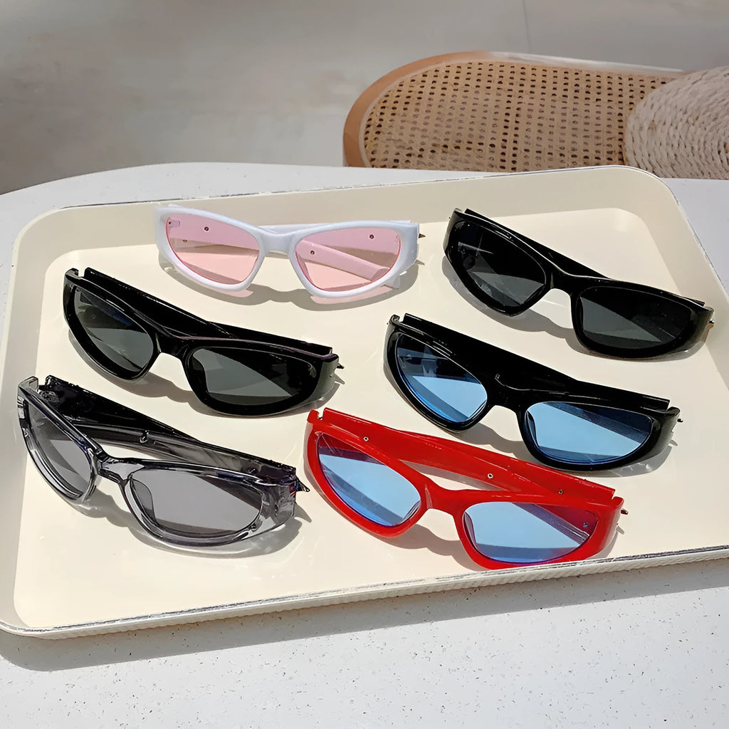 Outdoor sports sunglasses with PC frame and lenses in a choice of six colours including black frame blue lens.