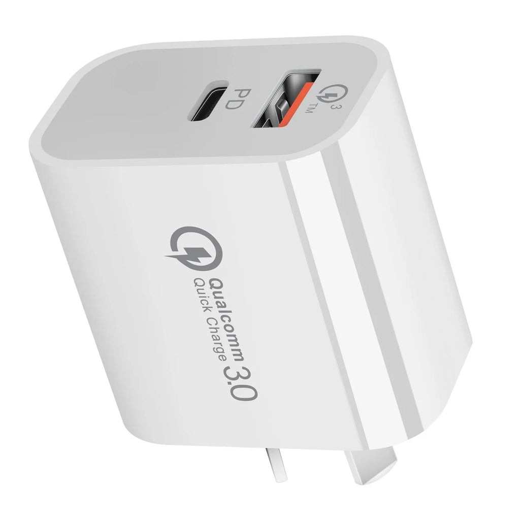 White dual port Australian standard charger with USB-A and USB-C ports, 63x40x22mm, SAA certified