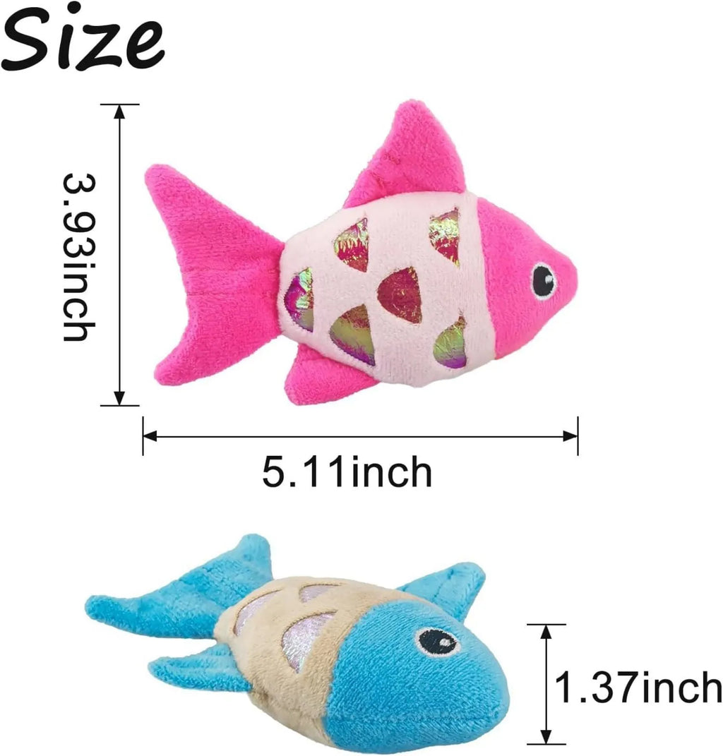 Two soft plush goldfish-shaped catnip cat toys with crinkle paper on a light background