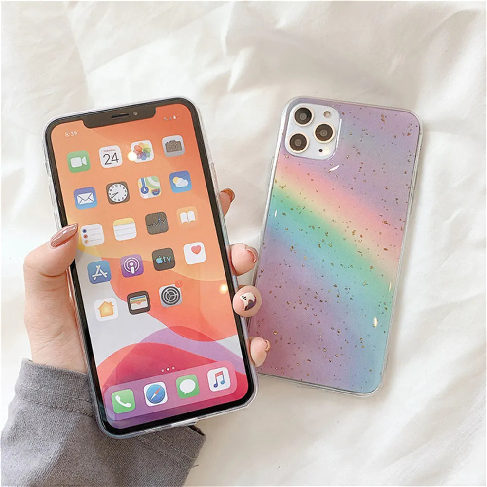 Rainbow gradient coloured TPU phone case with stripe design for iPhone models.