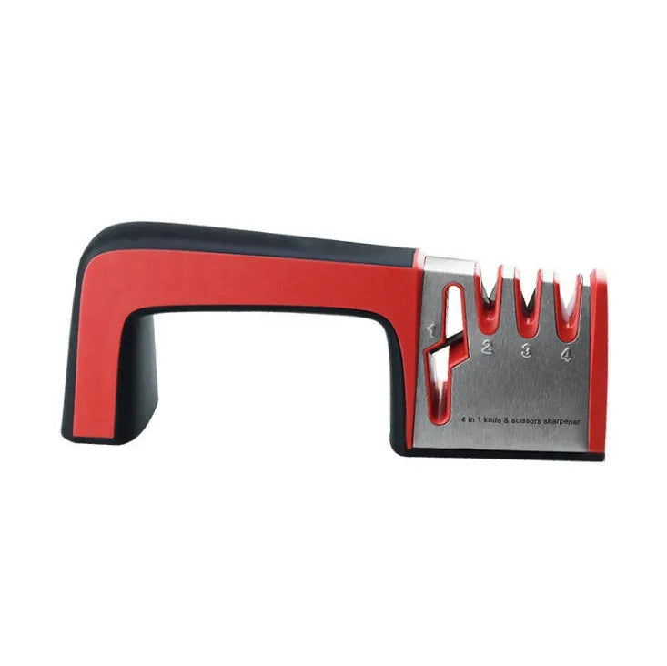 4-in-1 kitchen knife sharpener with multiple slots, black and cyan plastic and stainless steel body on a countertop