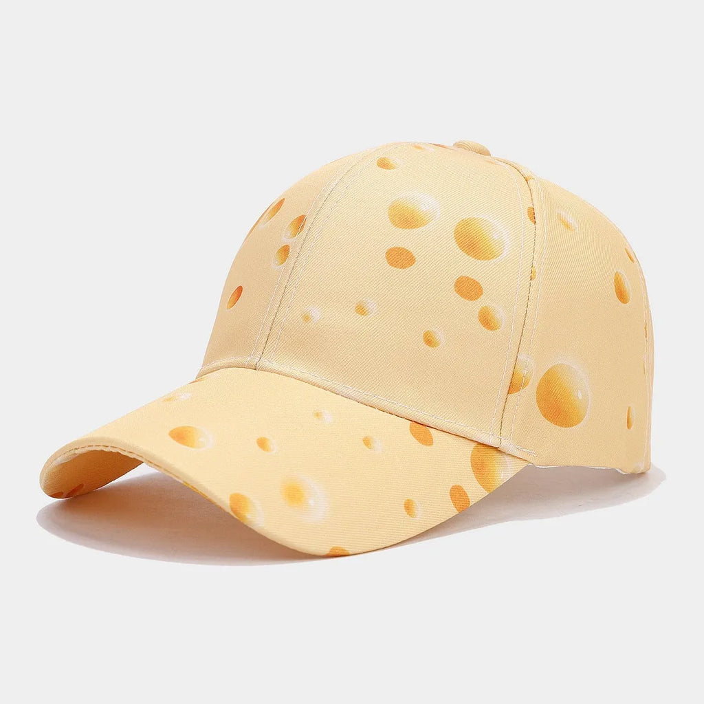Full printed cheese pattern polyester peaked cap with adjustable size and dome crown