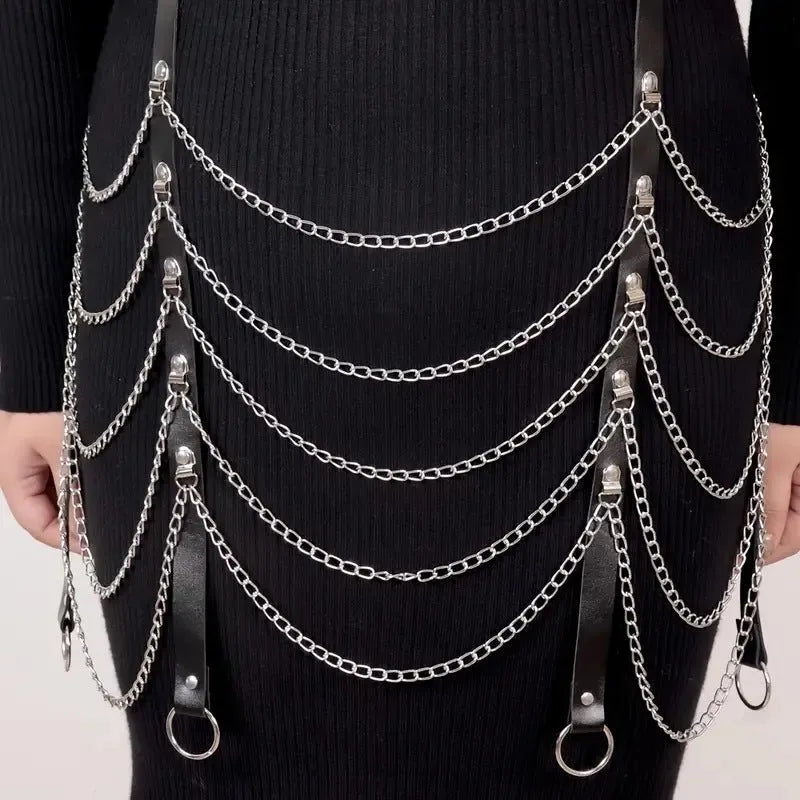 Black PU leather waist chain for women, bandage binding clothing ornament, waist accessory