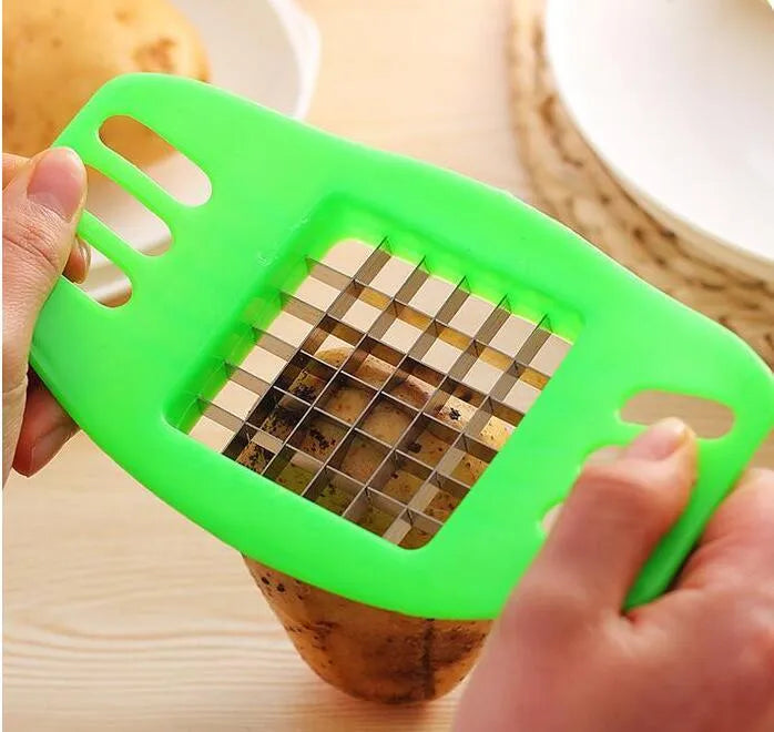 Potato cutter with two stainless steel blades and non-slip rubber foot on kitchen counter