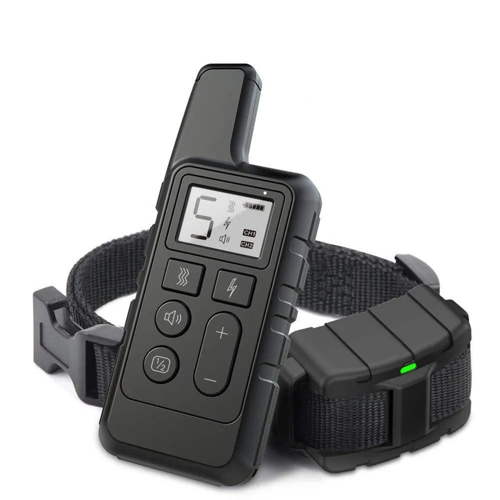 Black waterproof dog training collar with LCD remote control and 500 metre range