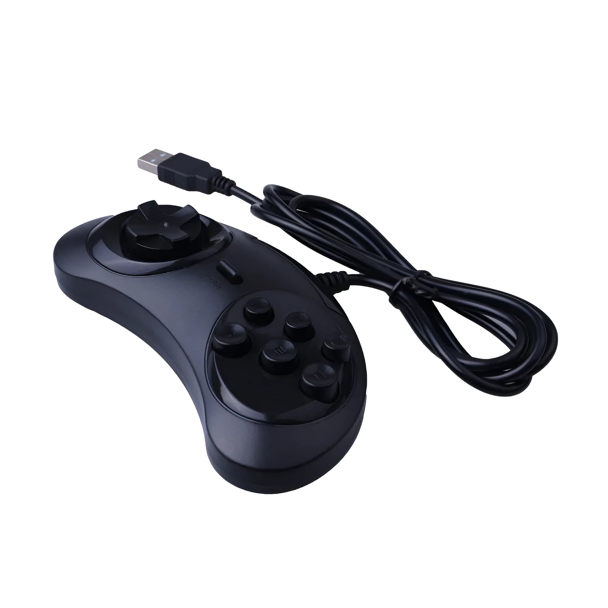 Black Sega USB PC game controller with directional pad, action buttons, and a long braided cable.