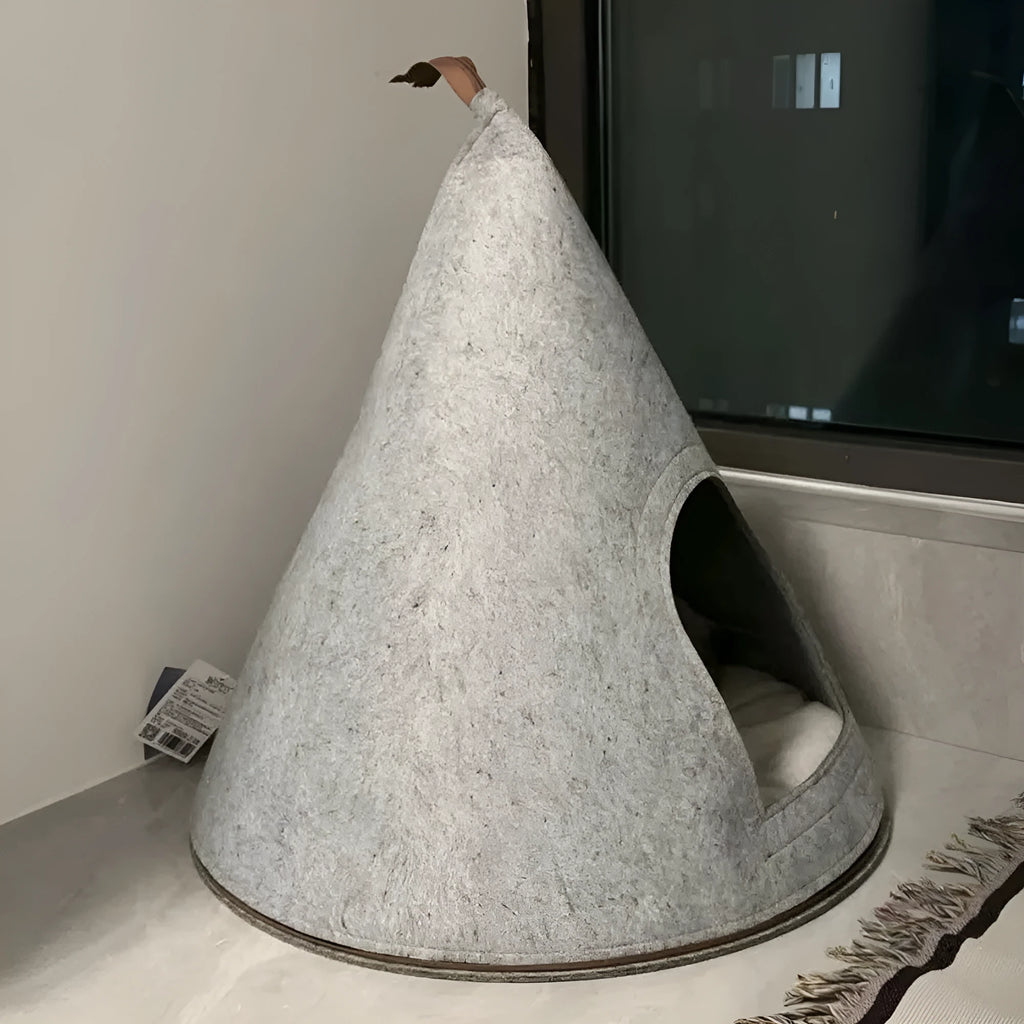 Grey handmade felt enclosed tent style cat nest 50cm diameter 51cm height for cats under 12 pounds