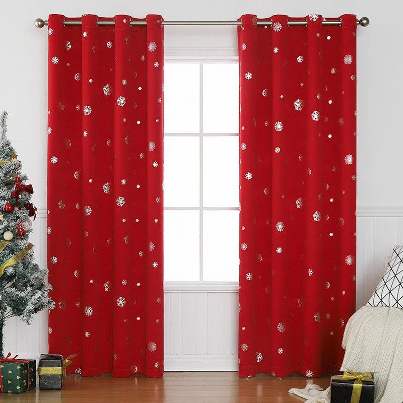 Snowflake pattern polyester shade cloth curtain hanging, showing solid fabric and modern design.