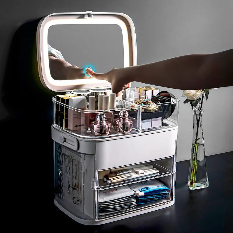Multifunctional LED makeup box in grey with mirror open showing cosmetics and jewellery storage compartments