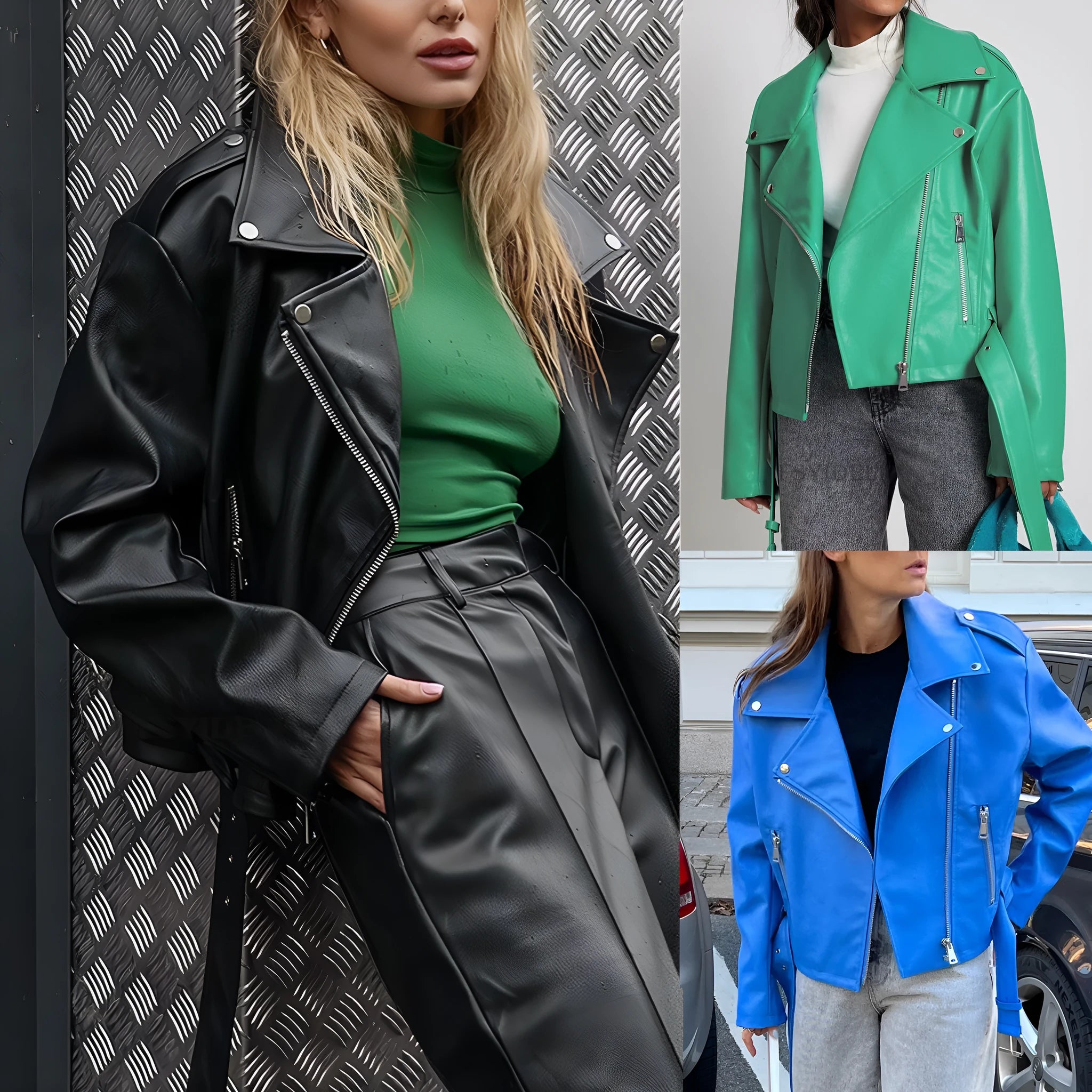 Black punk style leather jacket with a Peter Pan collar and drawstring waist on a hanger.
