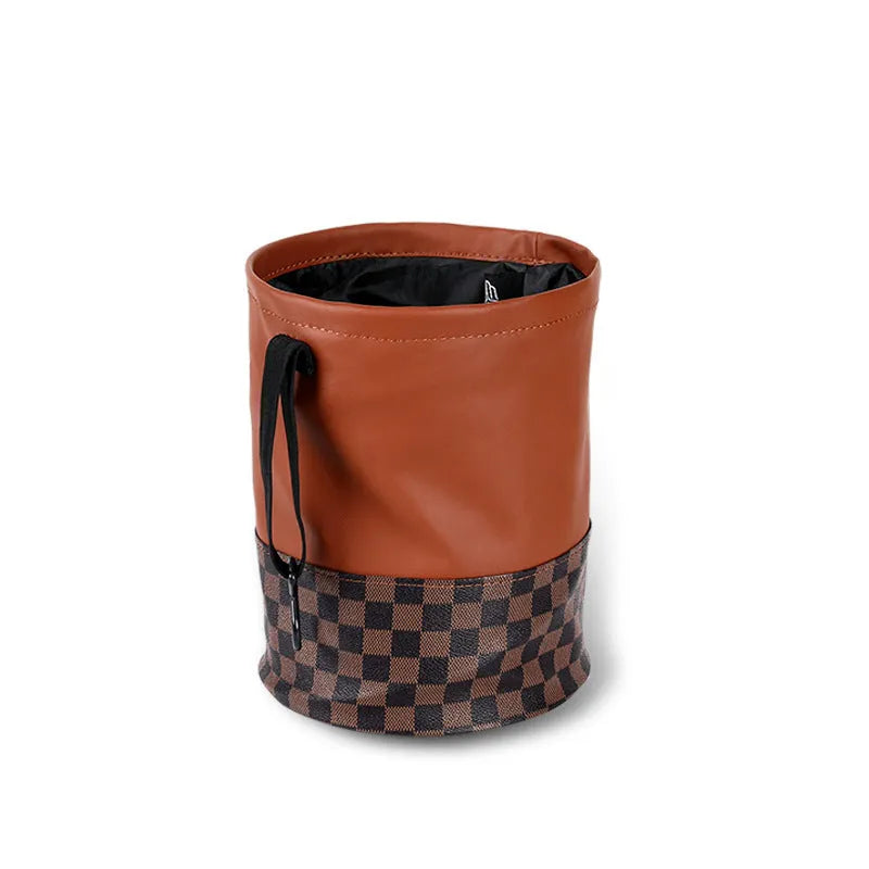 Retractable leather interior car trash can shown in colour from product pictures
