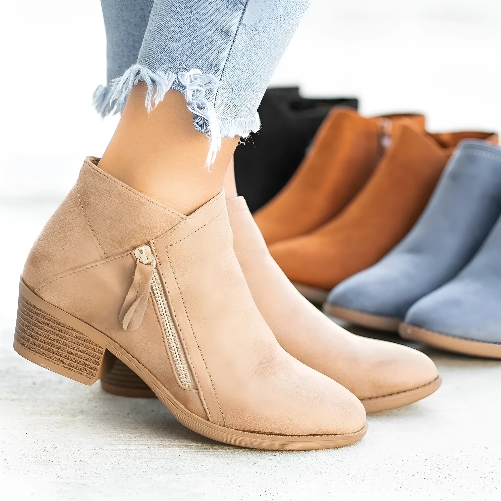 Women's low heel side zipper ankle boots in suede leather – pointed toe, thick heel, available in blue