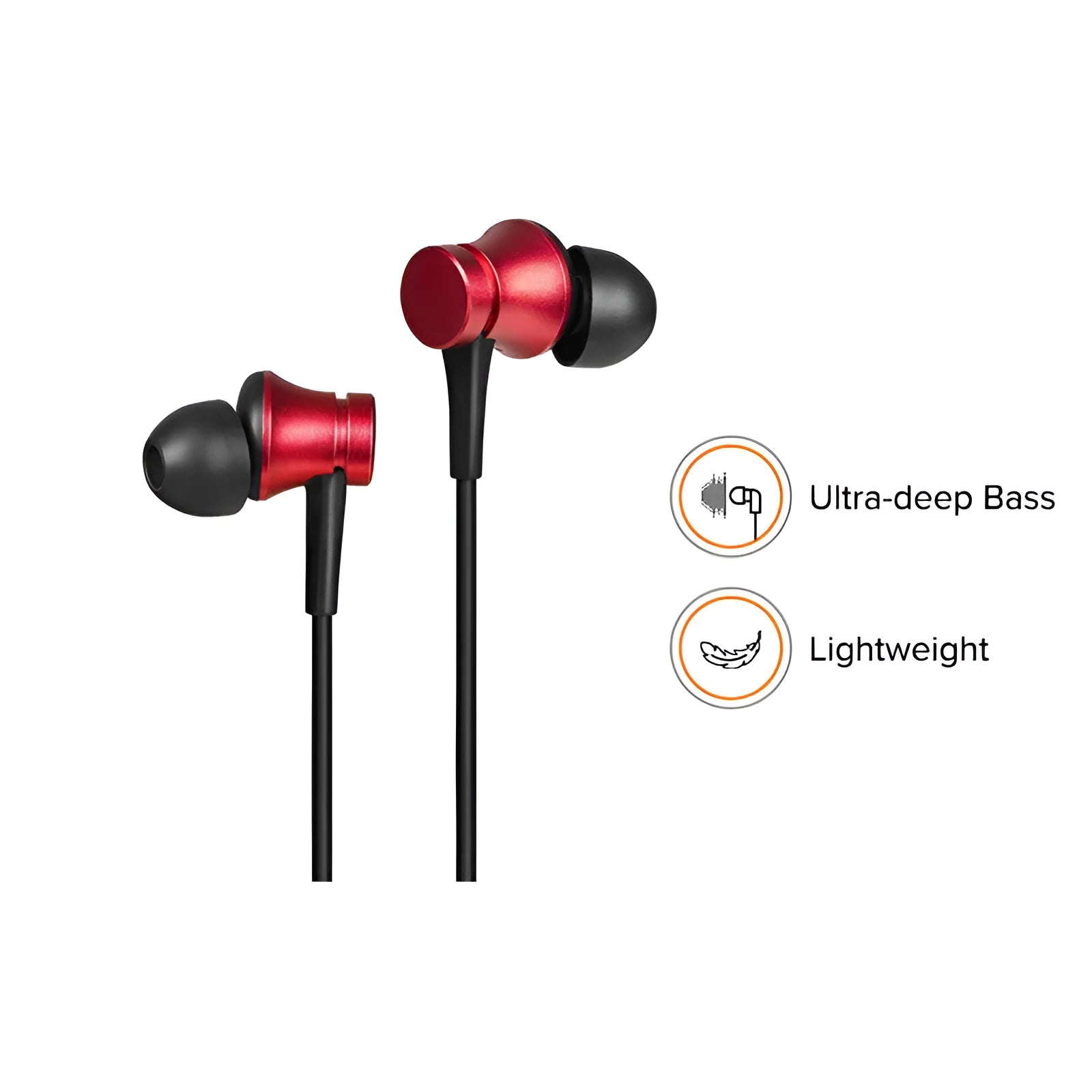 Piston style in-ear wired headphones with 3.5mm jack in black, blue and red colour options.
