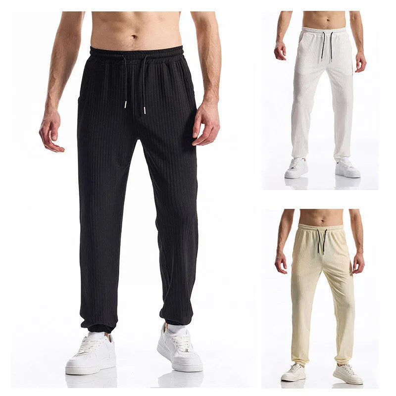 Silky rib fabric casual baggy straight trousers in black, white, and khaki with drawstring mid-waist