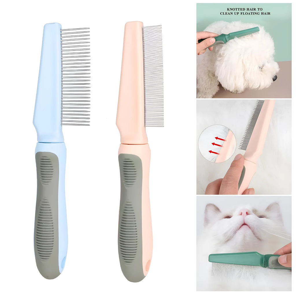 Pet detangler comb with round smooth teeth and rubber handle, available in blue or pink, for cat and dog grooming