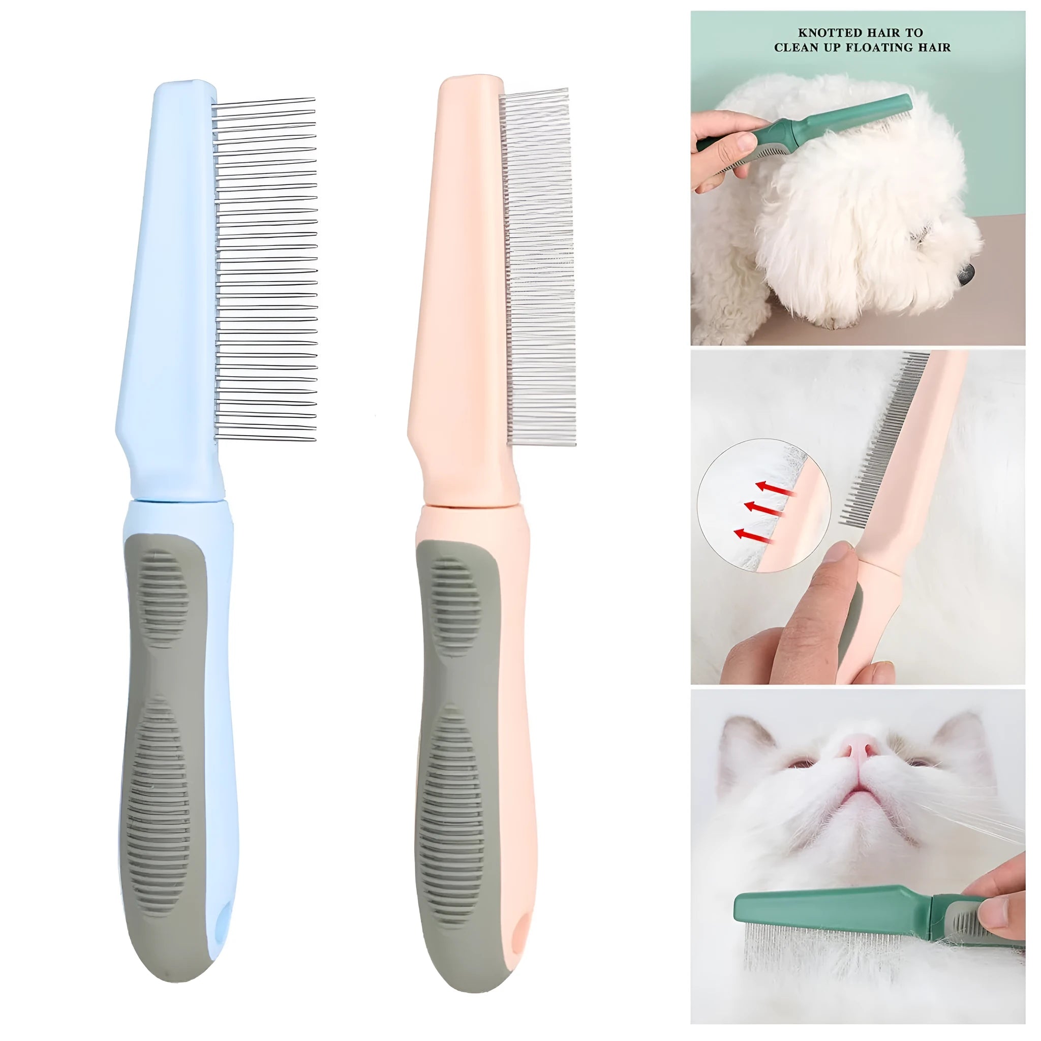 Pet detangler comb with round smooth teeth and rubber handle, available in blue or pink, for cat and dog grooming