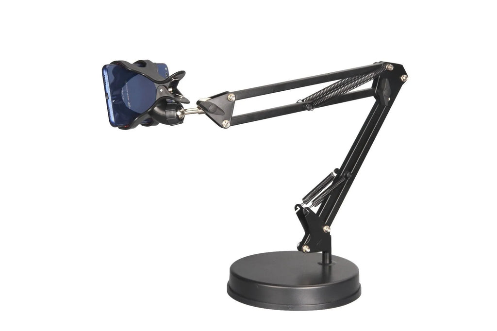 Universal mobile phone holder with metal bracket, 23cm arm, 60cm height, heavy plastic base, 360-degree ball head, for iPad Mini and iPhone desktop bed stand