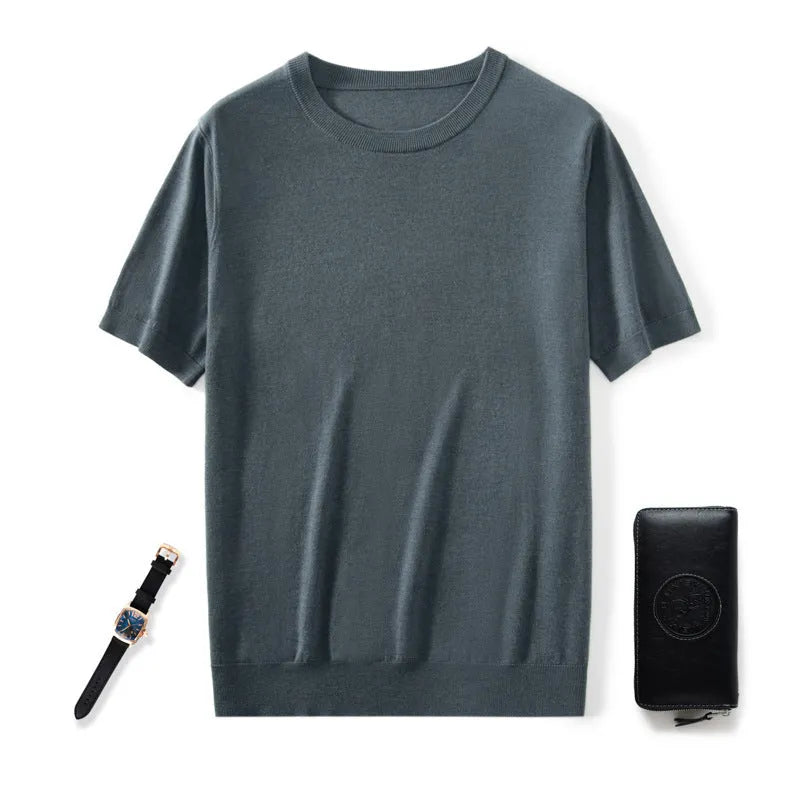 Men's knitted thin short sleeve round neck loose casual bottoming shirt in 8 colours, wool, sizes S-XXXL