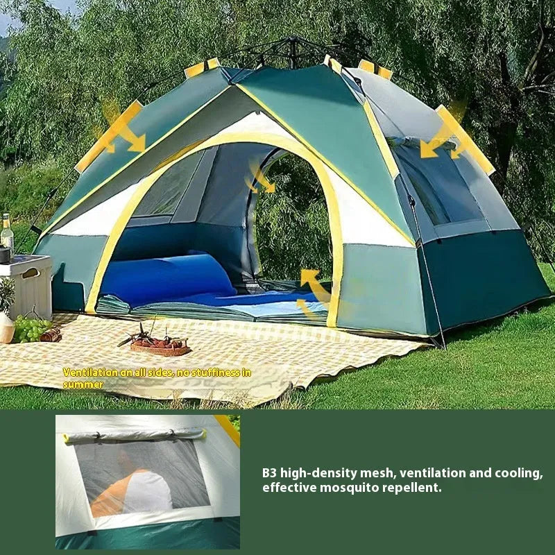 Dark green automatic pop-up camping tent for 3-4 people with silver-coated canopy
