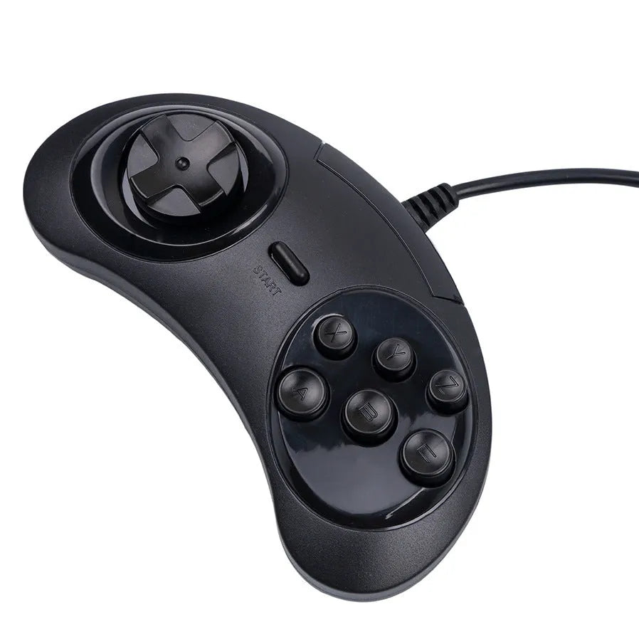 Black Sega USB PC game controller with directional pad, action buttons, and a long braided cable.
