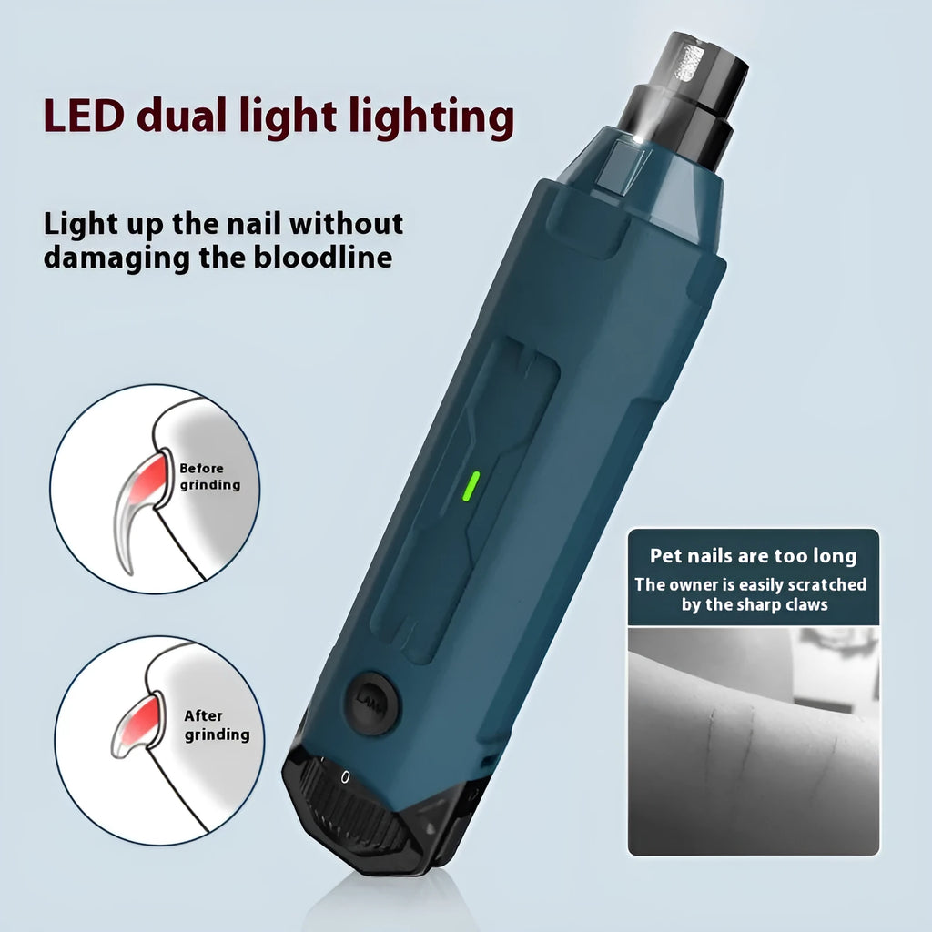 Dark blue pet 6-speed nail grinding device with LED light and fine grinding head on a white background