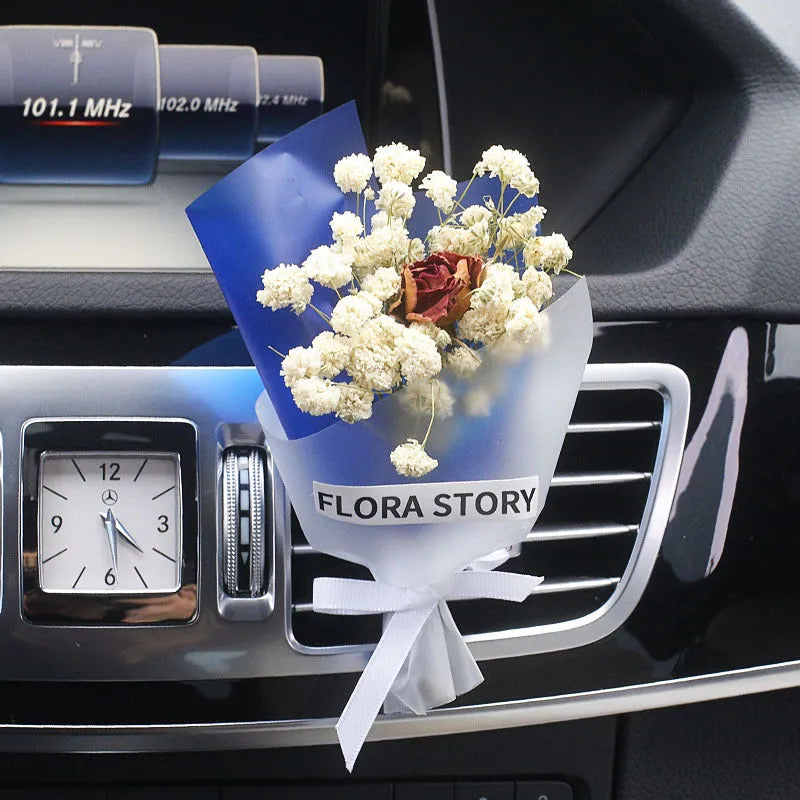 Mini car aromatherapy vent dried flowers bouquet with Blue Star dried flowers clipped onto a car vent