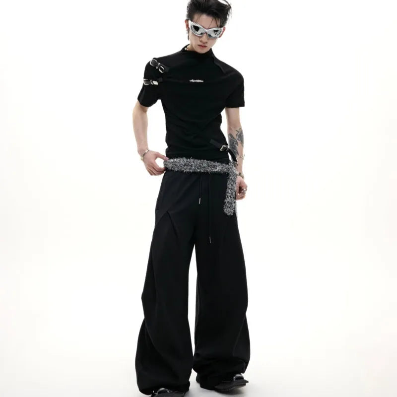 Men's slim fit cotton T-shirt with stand-up collar and metal belt detail in black