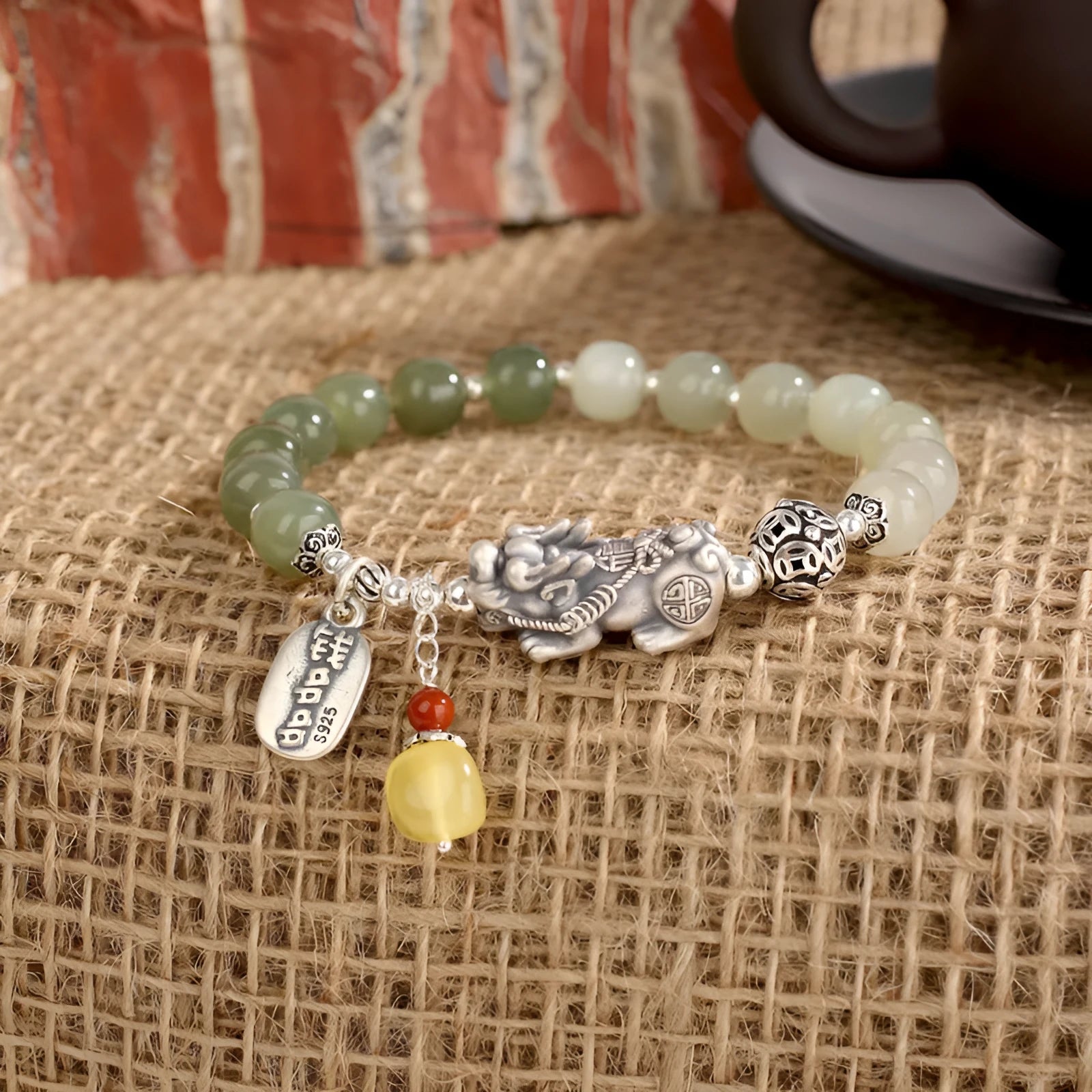 Retro women's pure silver coin bracelet with natural Hetian jade pendant, 8x7mm, handcrafted