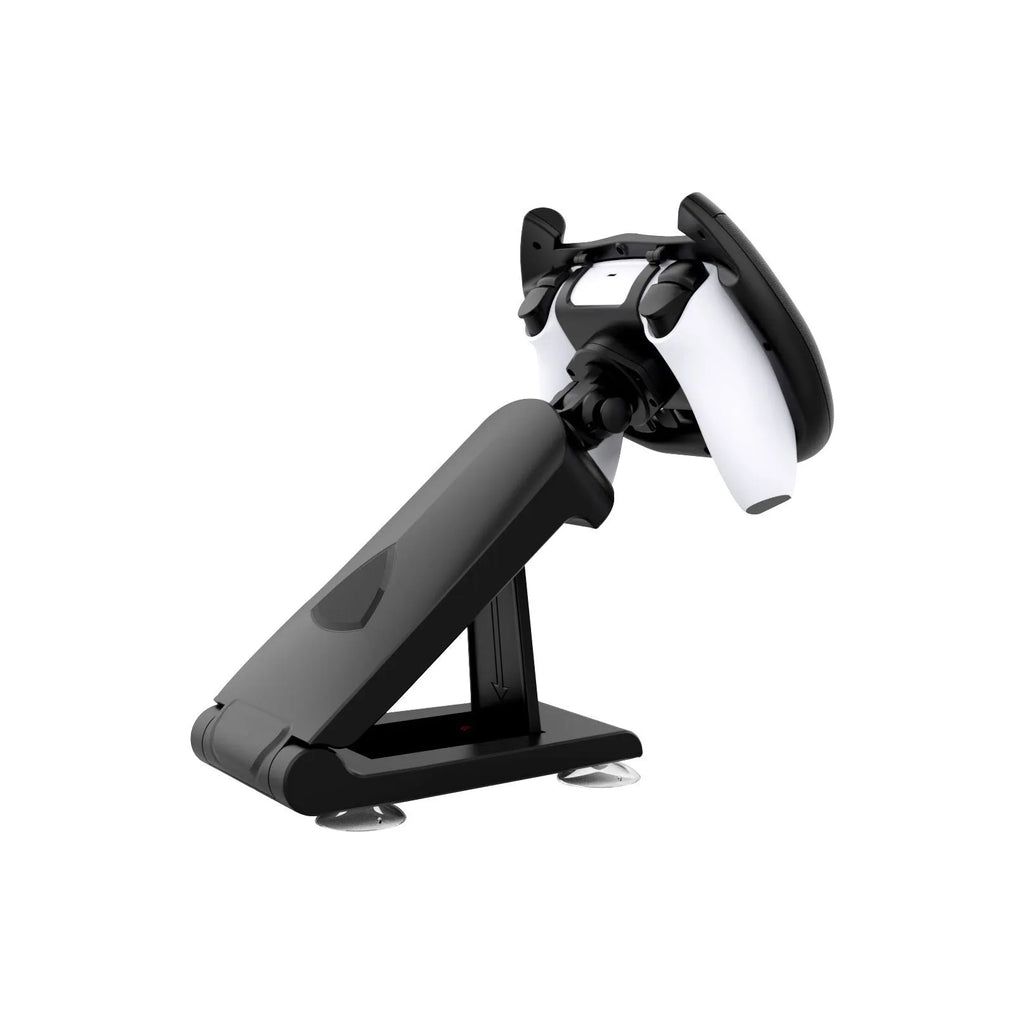 Black ABS plastic steering wheel bracket for smartphones with a large suction cup on its base.