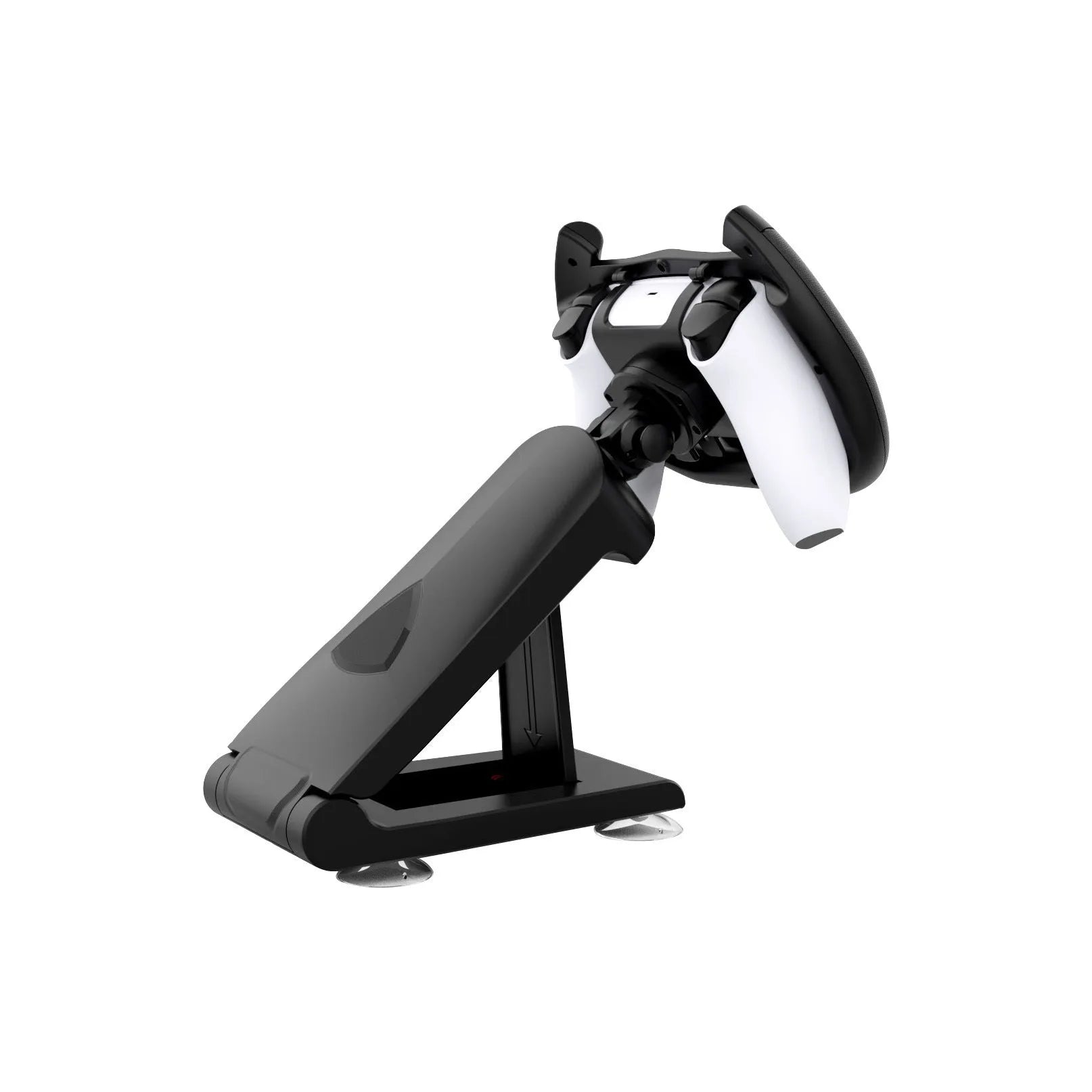 Black ABS plastic steering wheel bracket for smartphones with a large suction cup on its base.