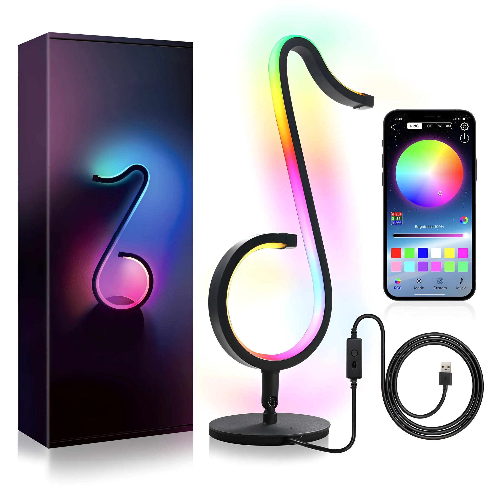 Black intelligent APP remote control LED atmosphere night light with 180 degree rotating chassis on a desk