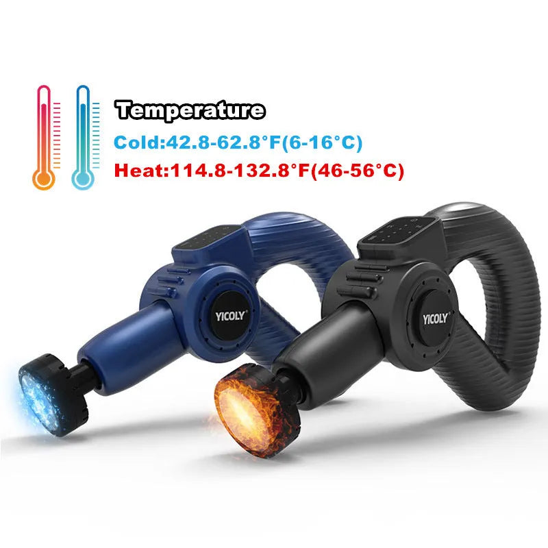 Black smart muscle massage gun with display, attached massage head, and additional heads on a table.