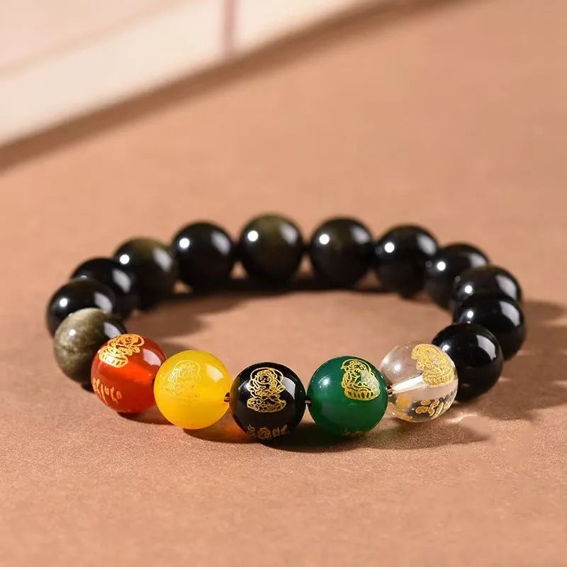 Single circle Five Gods of Wealth rainbow eye obsidian bracelet with polished crystal beads, 10mm size, on white background