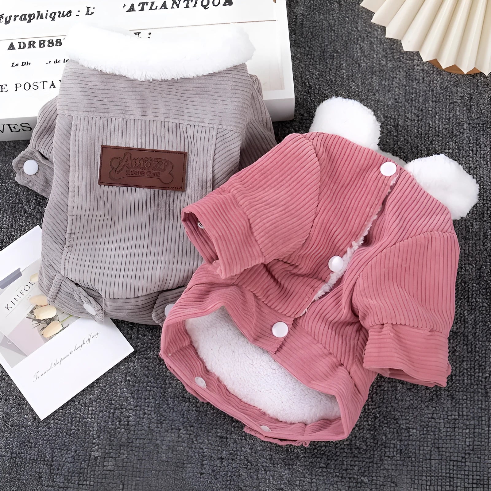 Lambswool-lined dog vest for autumn and winter warmth in grey or pink