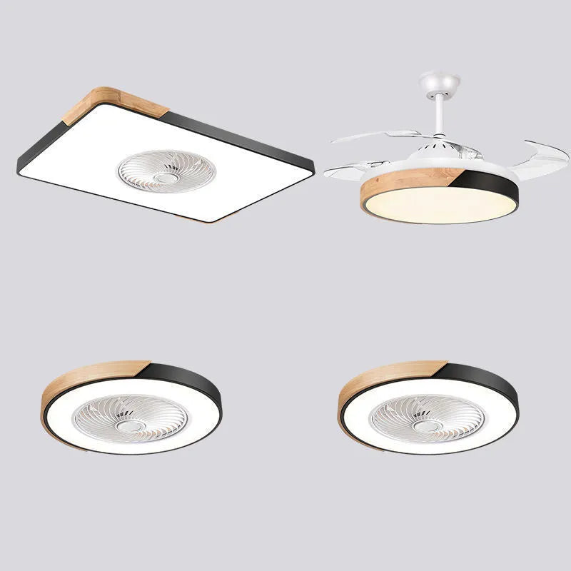 Nordic ceiling fan light with solid wood frame and white PVC lampshade, shown in round, square, and rectangular shape options.