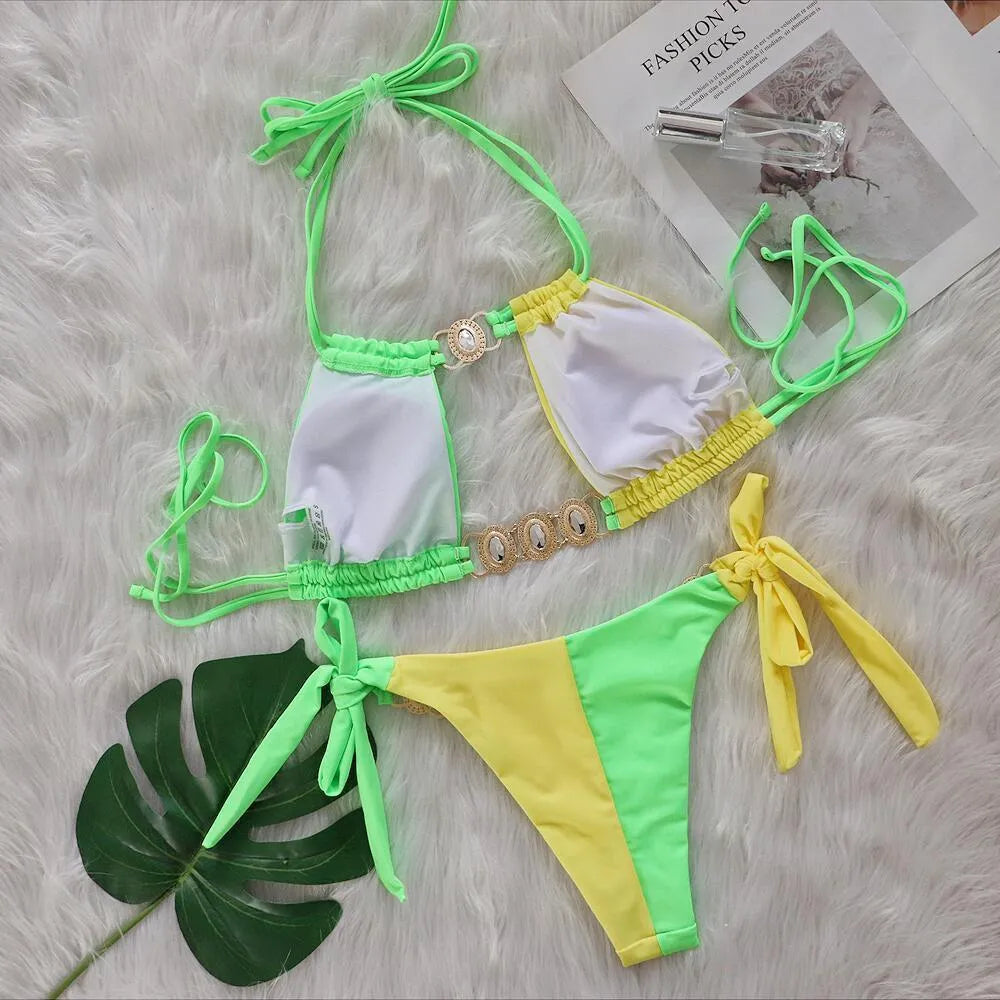 New Crystal Diamond Bikini in solid colour with bandage split design for women
