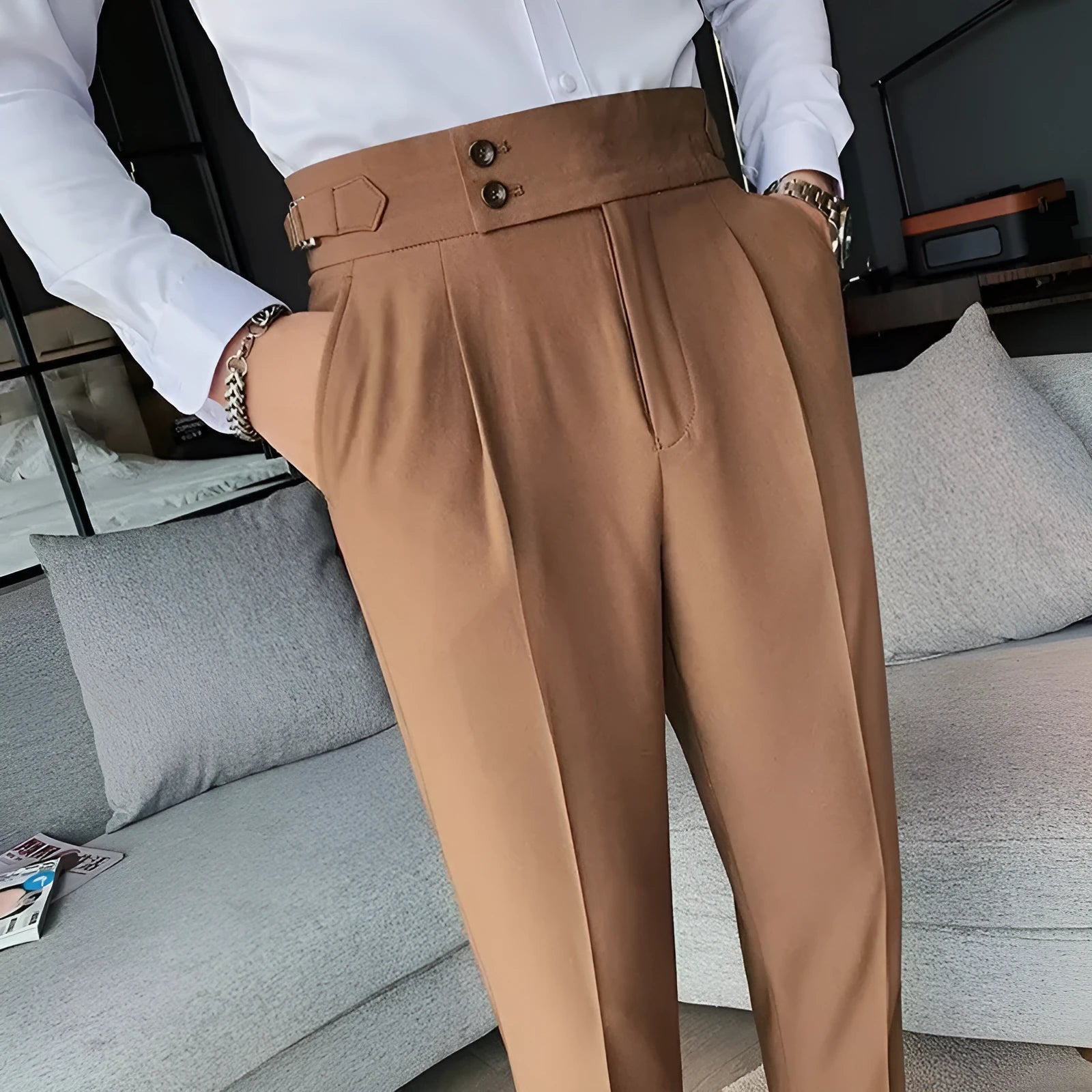 Autumn retro high waist straight casual trousers in black, cotton blend fabric, women's straight leg pants