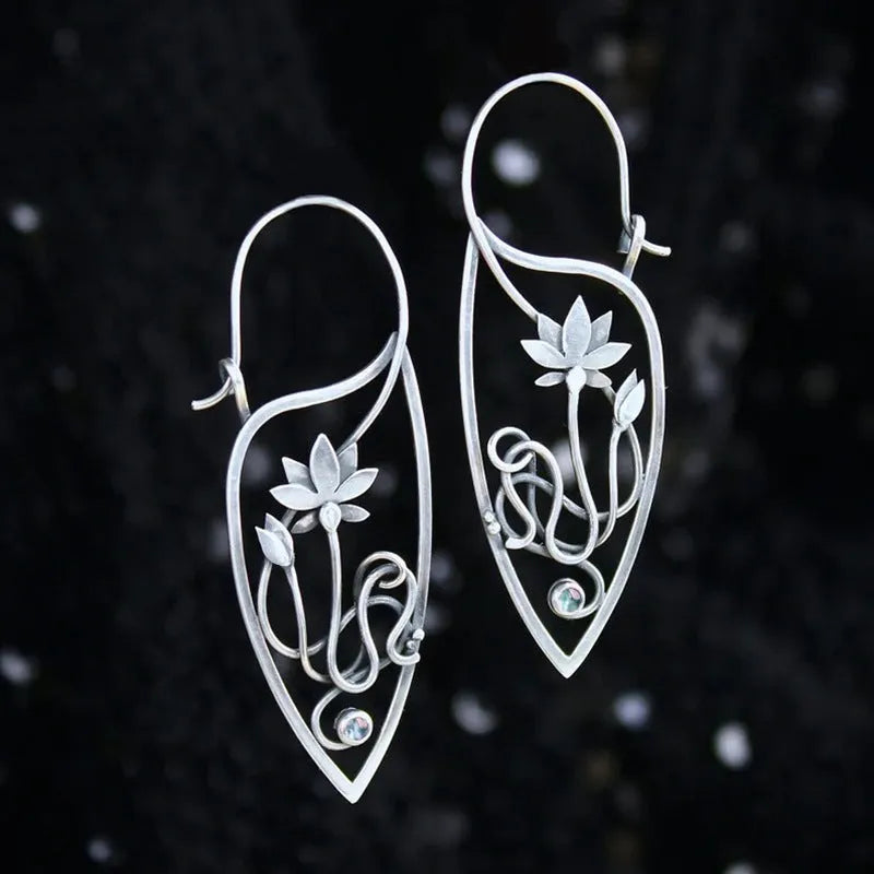 Silver electroplated alloy rhinestone lotus vine flower geometric earrings for women