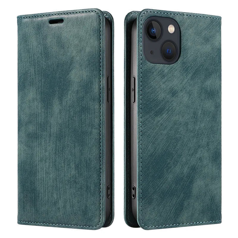 Magnetic flip phone case for iPhone in genuine leather and TPU, showing black, brown, and blue colour options.